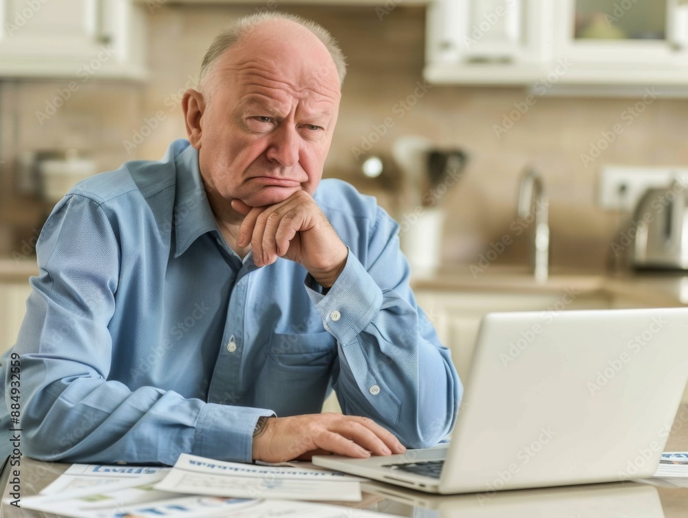 Worried senior man using laptop at home. AI. Worried senior man using laptop at home. AI.