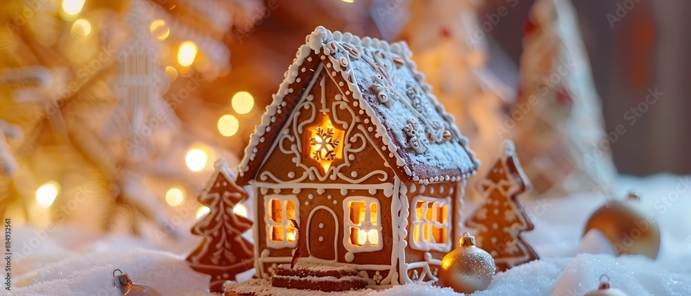 Cozy gingerbread house with icing decorations, glowing warmly against a festive background of lights and frosted Christmas trees.