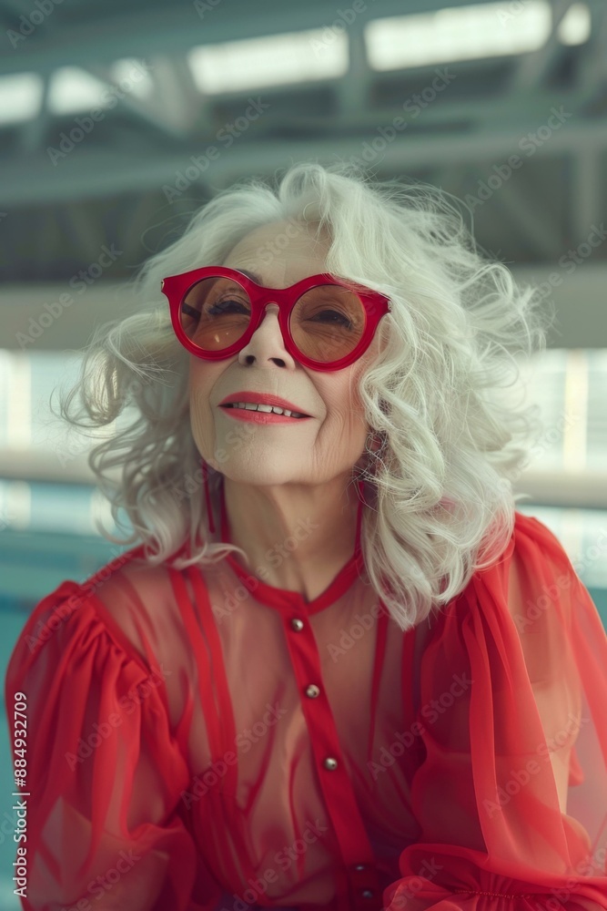 Portrait of a beautiful elderly woman with white hair and red sunglasses smiling. AI. Portrait of a beautiful elderly woman with white hair and red sunglasses smiling. AI.