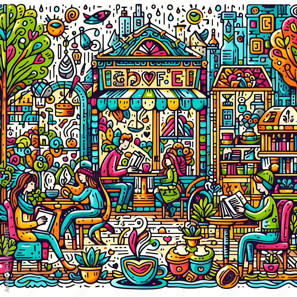 Fototapeta premium Doodle Art Cartoon of Cozy Café