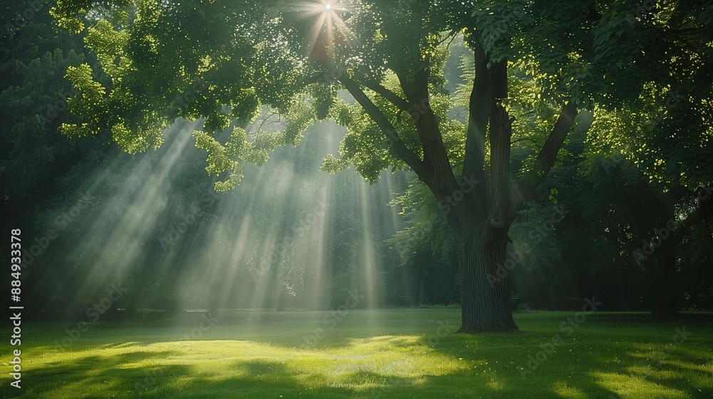 In dense forest, sunlight shines through leaves and forms rays of light on the green vegetation. In dense forest, sunlight shines through leaves and forms rays of light on the green vegetation.