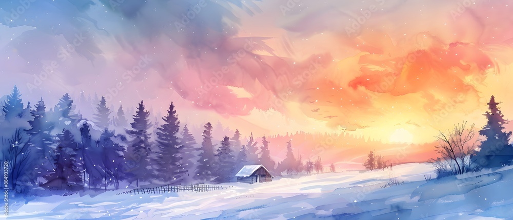 Serene winter landscape featuring a cozy cabin amidst snow-covered trees and a vibrant sunset sky, perfect for holiday themes and seasonal projects. Serene winter landscape featuring a cozy cabin amidst snow-covered trees and a vibrant sunset sky, perfect for holiday themes and seasonal projects.