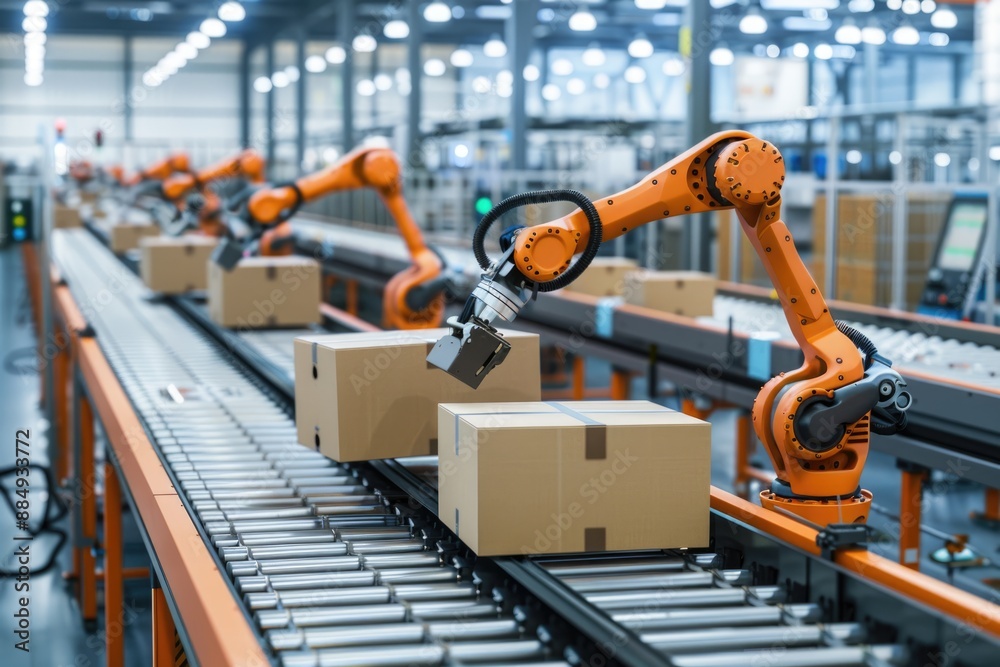 Carton boxes being sorted by orange robotic arms on modern conveyor belt in factory Carton boxes being sorted by orange robotic arms on modern conveyor belt in factory