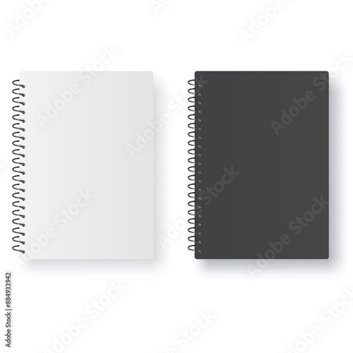 Two spiral notebooks: one white cover, one black cover, isolated. Vector