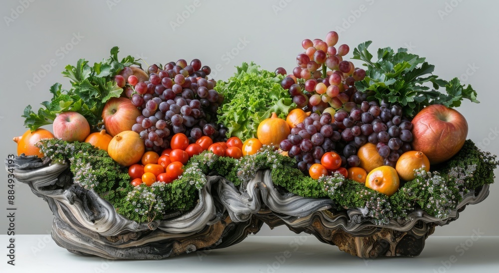fruits and vegetables arranged on a wooden branch or root on white background fruits and vegetables arranged on a wooden branch or root on white background