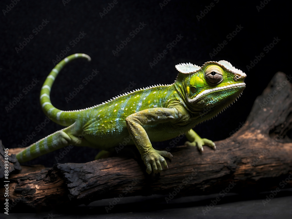 Fototapeta premium Vibrant Close-Up of a Green Color Chameleon sitting on dark color wood, dark background
