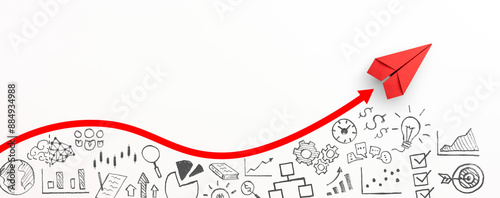 Red paper plane with red arrow and business strategy on white background, Business success, innovation and solution concept