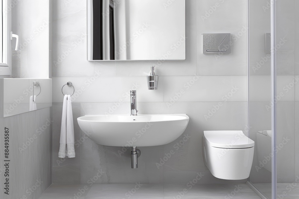 Simple and modern white bathroom with a white sink and minimal fixtures, showcasing minimalism. Simple and modern white bathroom with a white sink and minimal fixtures, showcasing minimalism.