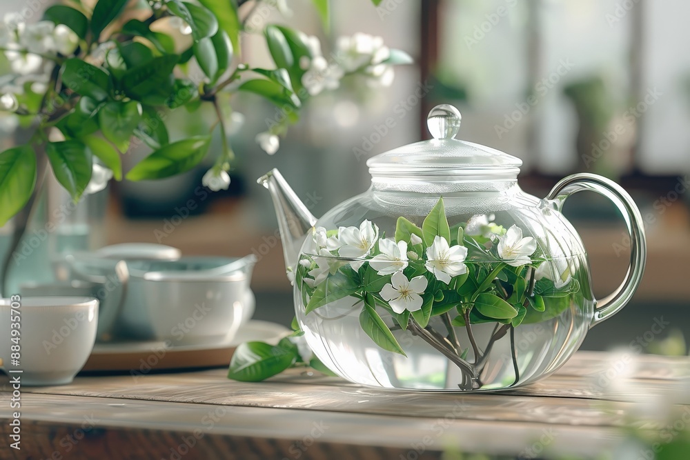 A detailed close-up of blooming jasmine tea in a glass teapot, showcasing the delicate beauty of the flowers. A detailed close-up of blooming jasmine tea in a glass teapot, showcasing the delicate beauty of the flowers.