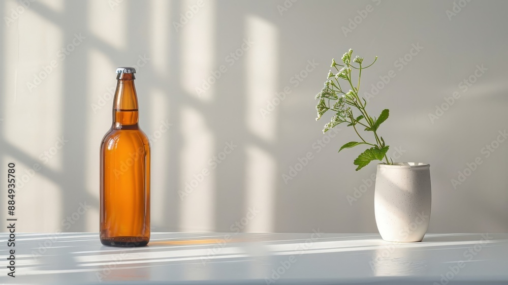 A minimalist still life of a single beer bottle in warm sunset light.