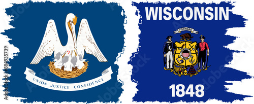 Wisconsin and Louisiana states grunge brush flags connection, vector