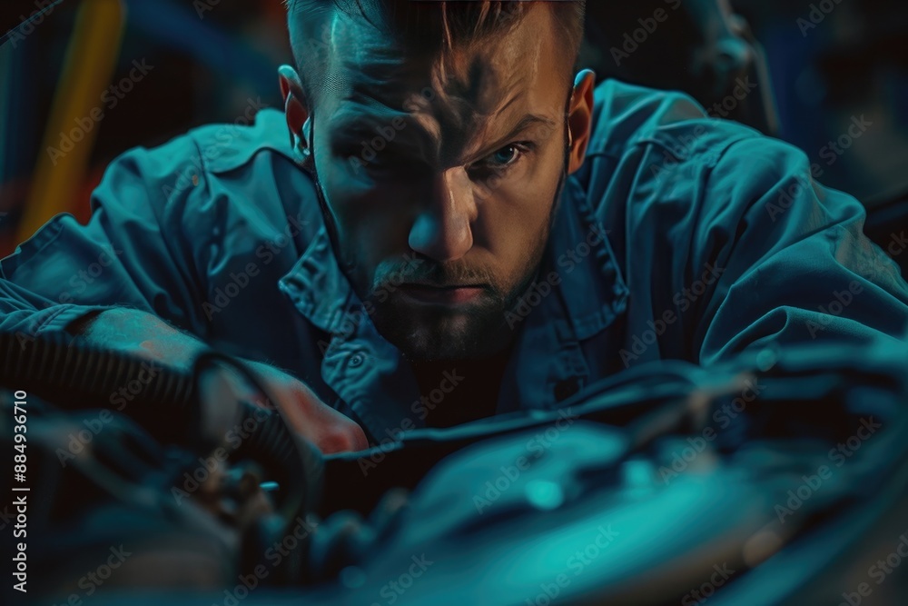 auto mechanic working with car engine in auto repair shop, service and maintenance concept