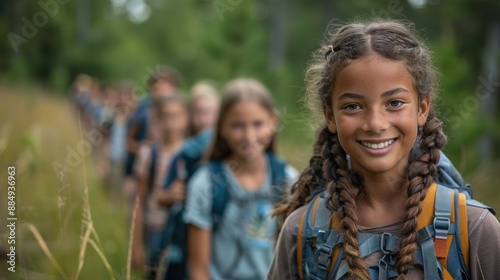 Smiling kids on a hiking adventure in the forest, exploring nature and enjoying outdoor activities together with bright expressions.