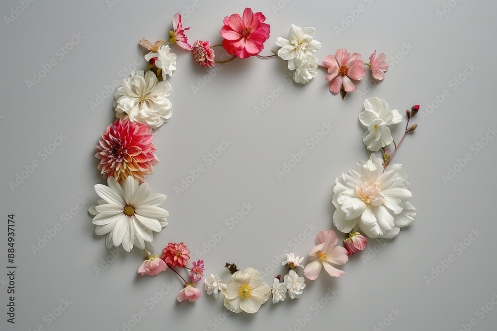 Blooms arranged in a circular pattern on a solid surface, forming a visually appealing frame with negative space in the center, perfect for adding text or graphics in a whimsical and feminine style. Blooms arranged in a circular pattern on a solid surface, forming a visually appealing frame with negative space in the center, perfect for adding text or graphics in a whimsical and feminine style.