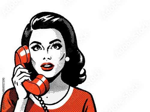 beautiful woman chatting on the retro phone pop art comic illustration style
