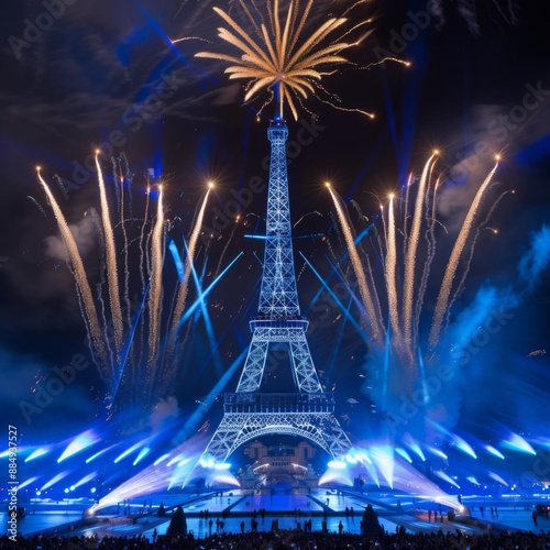The Eiffel Tower with fireworks at night in Paris, France