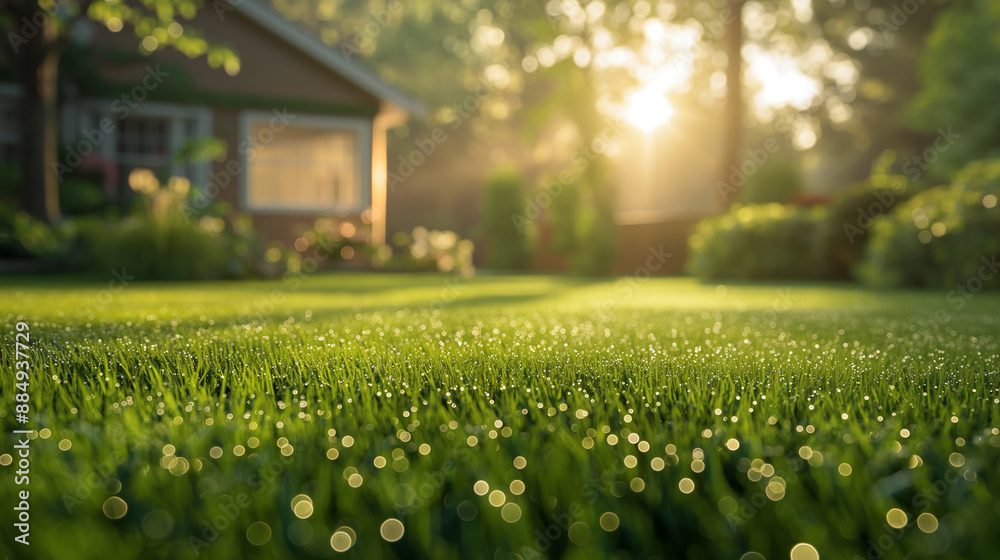 A lush green lawn with morning dew in a backyard. A lush green lawn with morning dew in a backyard.