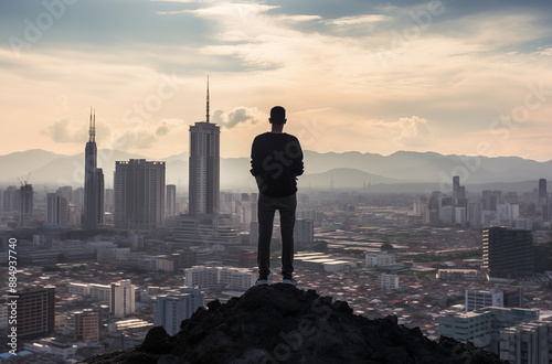 Man Standing On A Cliff Overlooking The Cityscape At Sunset With A Majestic View