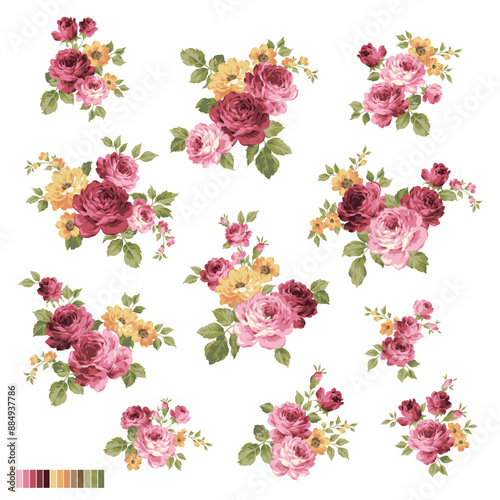 A collection of rose materials ideal for textile design,