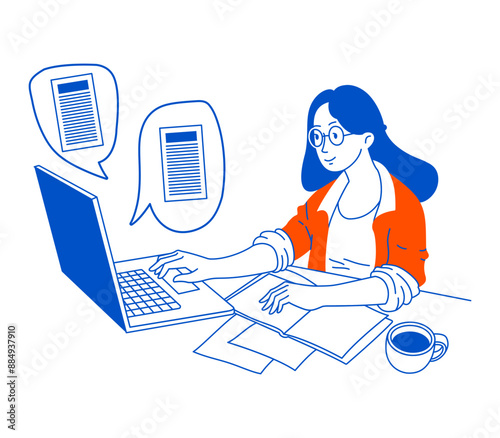 Student Learning Online at Home. Outline character sitting at desk, looking at Laptop and Studying. Online education illustration. Working, education and shopping concept. Vector doddle illustration.