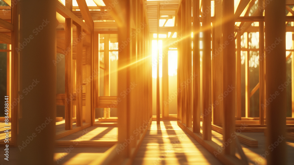 Sunlight streaming through the wooden frame of a house under construction. Sunlight streaming through the wooden frame of a house under construction.