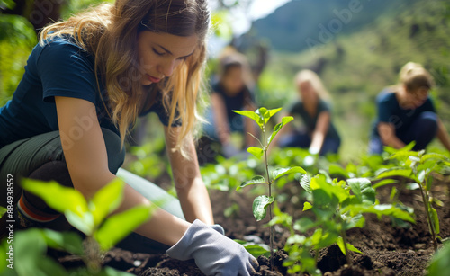 Group of volunteers planting young trees in a reforestation effort. photo
