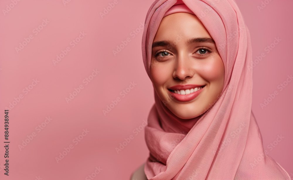 Woman in a pink hijab smiling against a matching pink background.