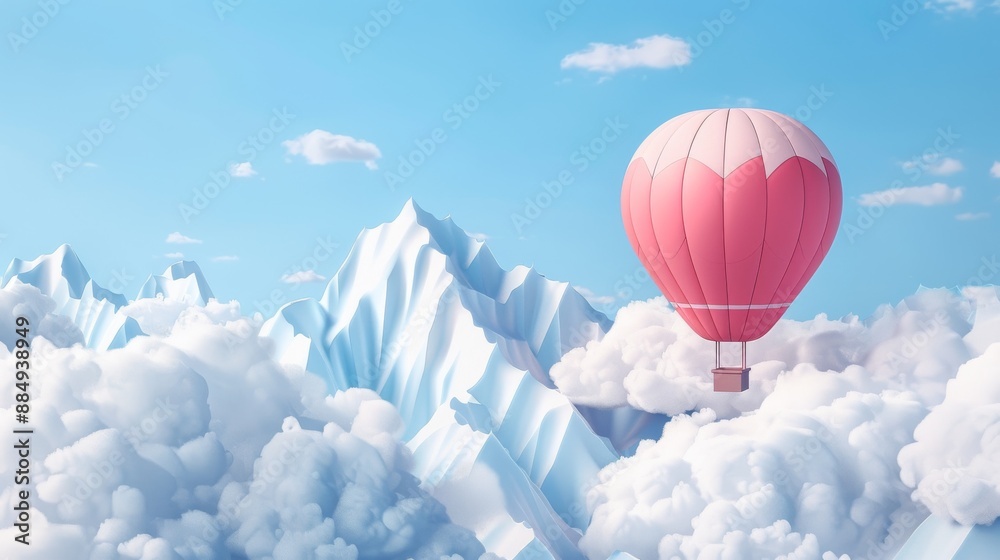 Fototapeta premium 3D illustration, hot air balloon in the sky with mountains and clouds - travel, vacation, Ttourist, summer holiday idea concept, isolated on white background.