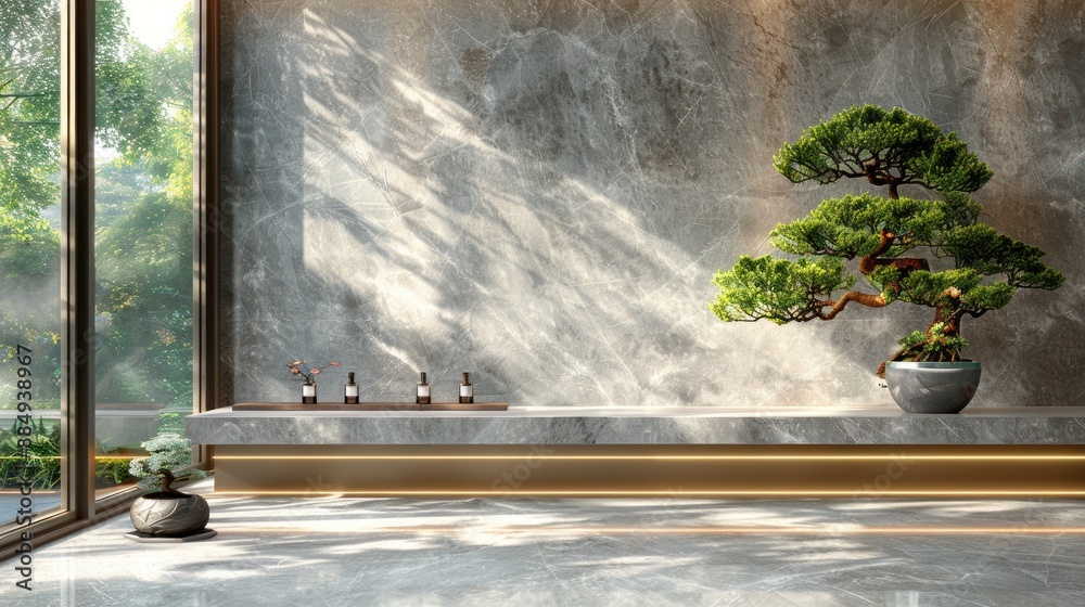 Minimalist Interior with Bonsai Tree and Marble Wall Minimalist Interior with Bonsai Tree and Marble Wall