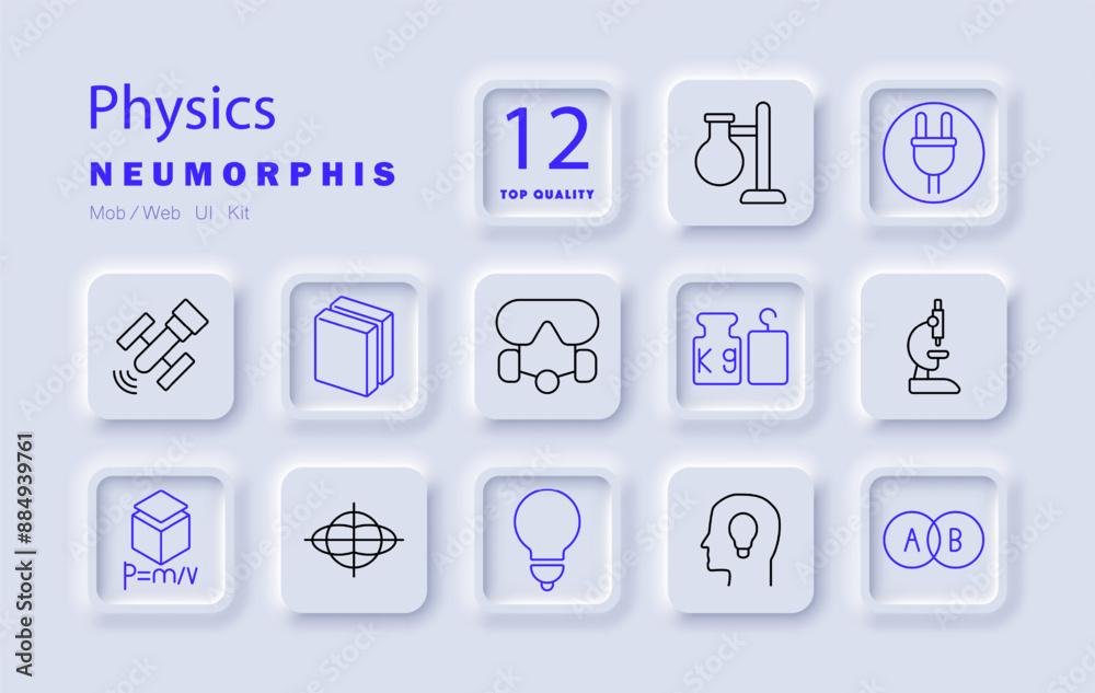 Physics set icon. Microscope, telescope, lab equipment, measurement tools, formula, experiment, physics concepts, light bulb, weight, scientific research, molecules, science