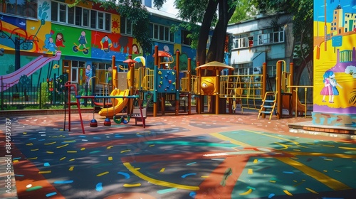Wallpaper Mural A vibrant exterior view of a colorful kindergarten playground featuring modern play structures and slides under natural daylight for marketing materials. Torontodigital.ca