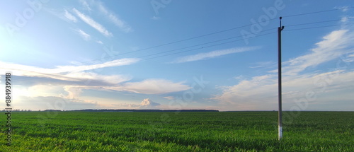 Obraz na płótnie Countryside panorama with blue sky, green grass field and electric air mast w salonie