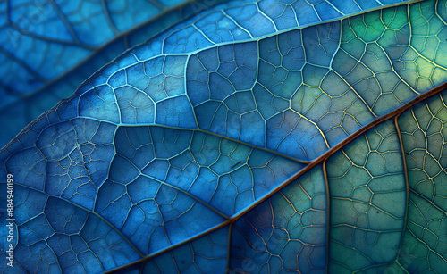 Detailed close-up of a blue leaf with intricate vein patterns. photo