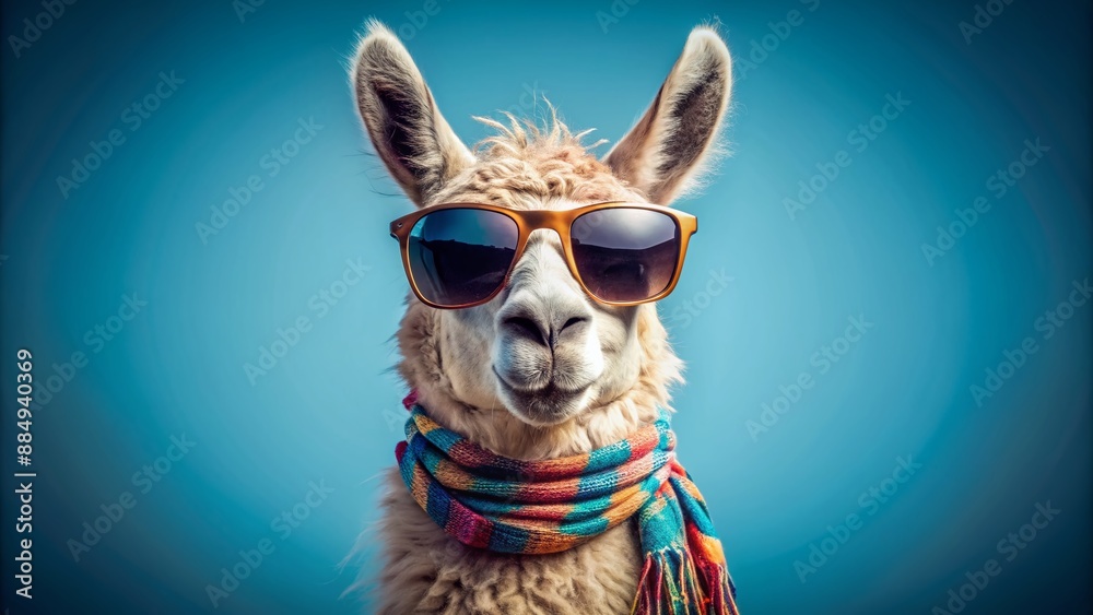 A llama wearing sunglasses and a scarf is looking at the camera with a funny expression. The llama is standing in front of a blue background. A llama wearing sunglasses and a scarf is looking at the camera with a funny expression. The llama is standing in front of a blue background.