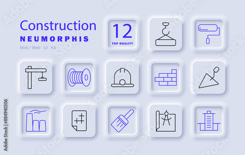 Construction set icon. Crane, hard hat, bricks, trowel, blueprint, construction tools, roller, building site, architecture, construction equipment, safety gear, masonry