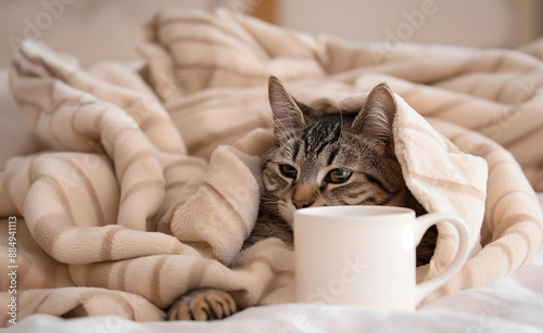 Cozy orange cat snuggled in a blanket with a cup of tea. photo