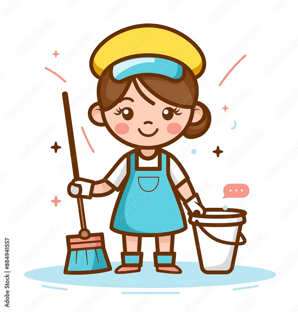 Happy cleaning lady with a broom and bucket cartoon illustration, white ...
