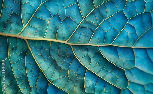 Detailed close-up of a blue leaf showing its intricate vein structure. photo