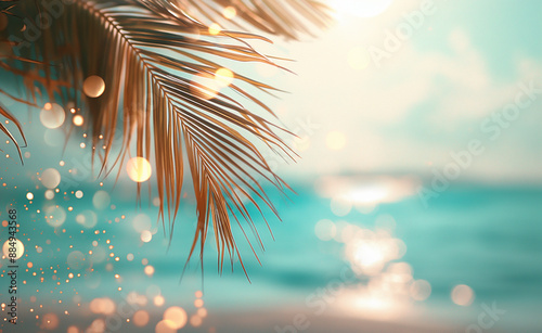 Tropical beach scene viewed through palm leaves with waves gently hitting the shore. photo