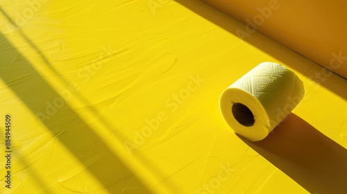 Empty toilet paper roll on a yellow surface photo