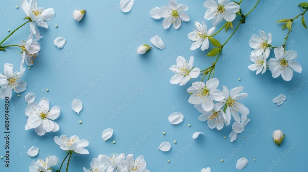 Elegant white flowers on soft blue backdrop for spring concept Elegant white flowers on soft blue backdrop for spring concept