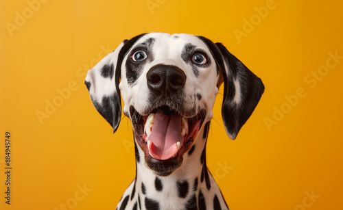Happy Dalmatian dog with tongue out against a bright yellow background. © Curioso.Photography