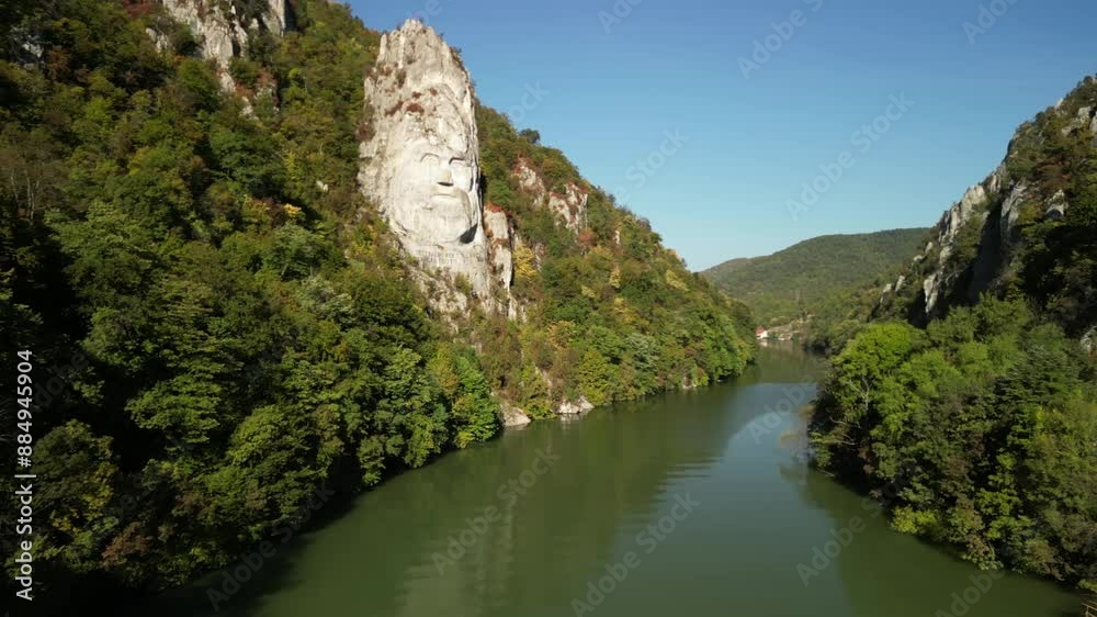 Aerial video above the famous Decabal statue on the Danube river from the air, Romania Aerial video above the famous Decabal statue on the Danube river from the air, Romania