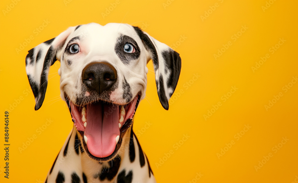 Happy Dalmatian dog with tongue out against a bright yellow background. Happy Dalmatian dog with tongue out against a bright yellow background.