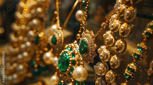 A Close-up of a Necklace with Green Gems and Pearls
