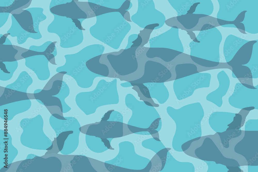 Obraz premium Summer art with migration of big humpback Whales. Sperm Whales under the water surface. Marine animal in the sea. Flat vector illustration can used Wildlife banner
