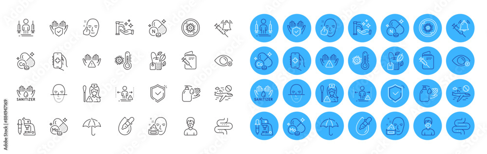 Vitamin n, Social distance and Wash hands line icons pack. Mint bag, Medical mask, Shield web icon. Molybdenum mineral, Healthy face, Cancel flight pictogram. Vaccination passport, Nurse. Vector Vitamin n, Social distance and Wash hands line icons pack. Mint bag, Medical mask, Shield web icon. Molybdenum mineral, Healthy face, Cancel flight pictogram. Vaccination passport, Nurse. Vector