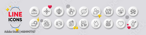 Patient, Consult and Clown line icons. White buttons 3d icons. Pack of Business statistics, Interview documents, Food delivery icon. Dont touch, Inclusion, Time management pictogram. Vector
