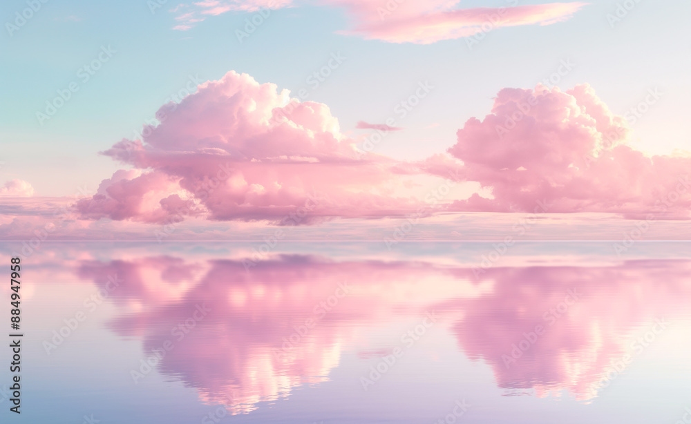 Pink clouds reflecting in a calm, mirror-like water surface. Pink clouds reflecting in a calm, mirror-like water surface.