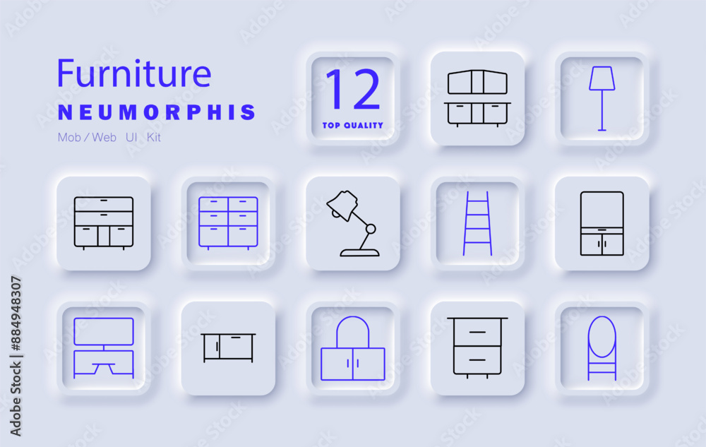 Furniture set icon. Cabinet, chest of drawers, table lamp, ladder, wardrobe, desk, dresser, chair, cupboard, bookcase, home decor, interior design, storage, furniture pieces, modern home Furniture set icon. Cabinet, chest of drawers, table lamp, ladder, wardrobe, desk, dresser, chair, cupboard, bookcase, home decor, interior design, storage, furniture pieces, modern home